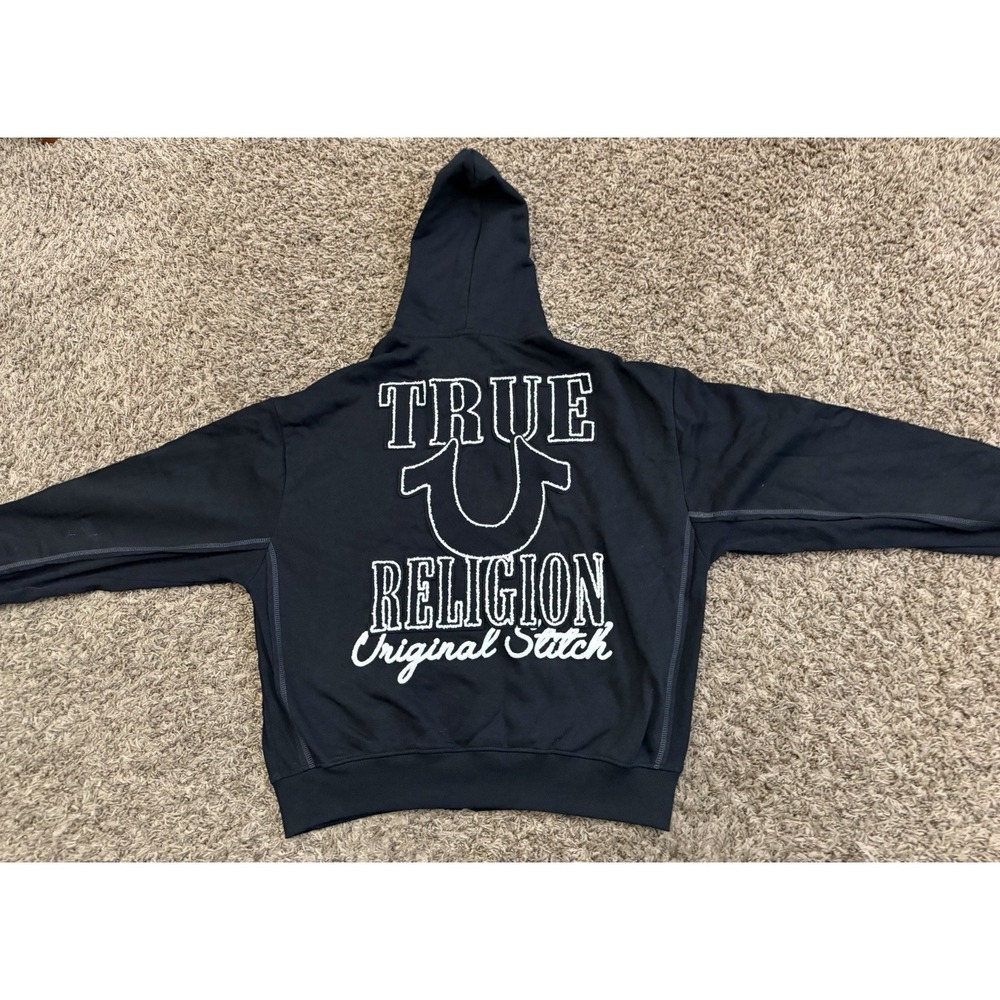 True Religion Ribbed Stitch Appliqué Full Zip Hoodie, Black White Mens Size XL